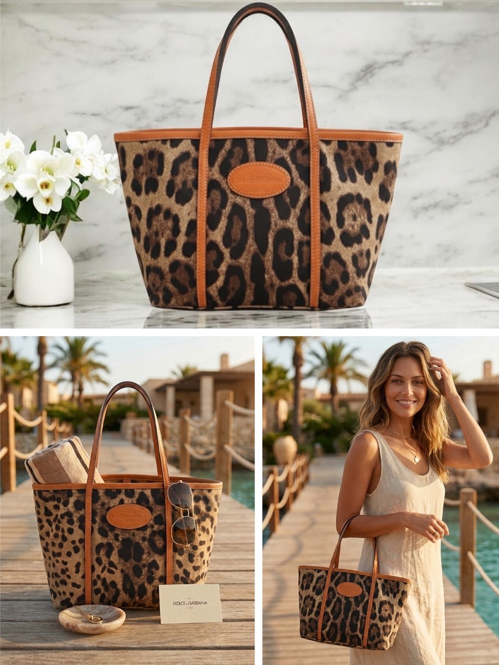 Dolce & Gabbana Leopard Print Canvas Leather‎ Trim Tote Italy